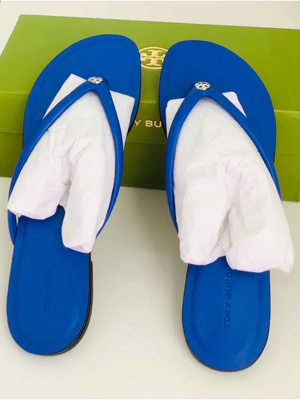 Tory Burch Chelsea Leather Flip Flop Sandals-Eccentric Blue Silver Logo